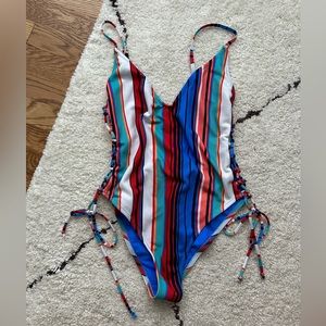Zara striped tie up sides one piece swimsuit, size M